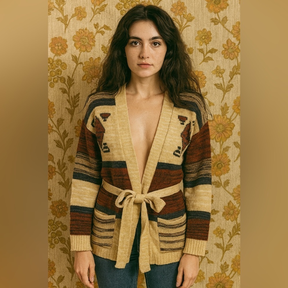 VINTAGE 70s Helen Sue Southwestern Sweater Cardigan Belted Boho Korean Aztec